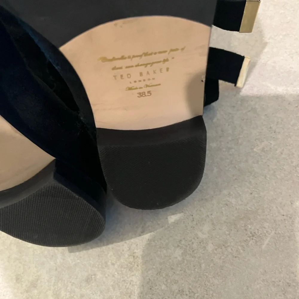 Ted Baker London ALRAMI Black Suede Knee Length Boots with gold detail